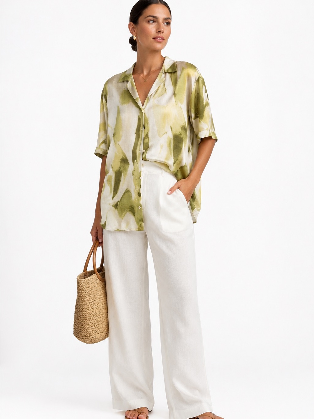 Zara Olive Green and Cream Patterned Blouse